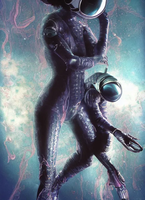 Prompt: girls astronaut in dark void underwater - complex and hyperdetailed technical suit design. reflection and dispersion materials. rays and dispersion of light. volumetric light. f / 3 2. noise film photo. flash photography. ultra realistic, 5 0 mm. poster by wayne barlowe, hajime sorayama aaron horkey, craig mullins