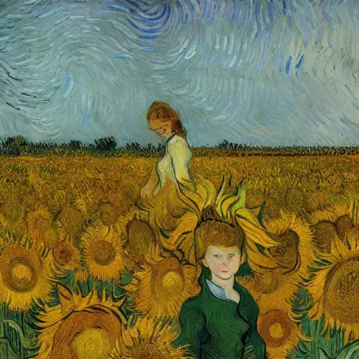 Image similar to a girl in amazing tall sunflower field, her hair flowing down, subtle, intricate details, real masterpiece, oil on canvas, by vincent van gogh