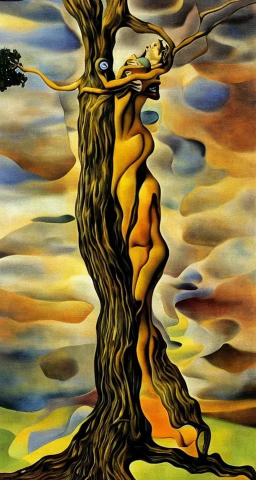 Prompt: Marie Curie hugging a tree, surreal oil painting by Salvador Dalí