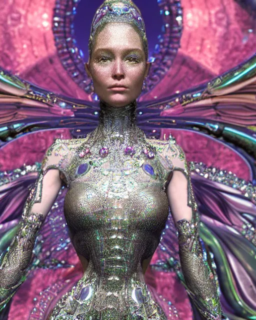 Image similar to a highly detailed metahuman 4 k close up render of an alien goddess bella hadid monument dragonfly in iris van herpen dress schiaparelli in diamonds crystals swarovski and jewelry iridescent in style of alphonse mucha gustav klimt trending on artstation made in unreal engine 4