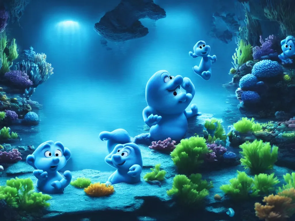 Image similar to underwater smurfs swimming with bioluminescent fishes, photorealistic painting, cgi, low volumetric light, movie still, very cute and cozy and fluffy and sweet