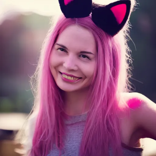 Image similar to photo of a young woman with messy pink hair and cat ears