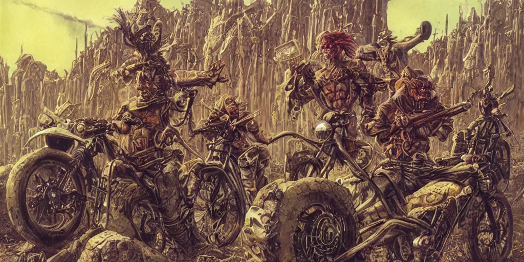 Image similar to psychedelic post apocalyptic orcish biker gang, scifi city ruins, sharp focus, psychedelic colors, boris vallejo, michael whelan