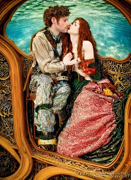 Prompt: detailed colourful masterpiece of intricate art nouveau preraphaelite photography by anne leibovitz couple portrait sat down extreme closeup, love, inside an underwater train, detailed realistic expressions, wearing unusual clothes, ultra wide angle