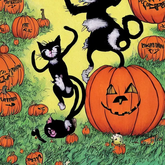 Image similar to cat jumping out of a pumpkin by todd mcfarlane and tim burton