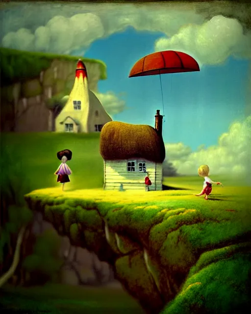 Image similar to a painting of a cottage built on the side of a cliff with children playing in the field, in the style of ray caesar, digital art