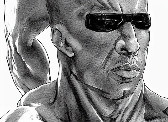Image similar to landscape, long shot of distant vin diesel as saitama! punching!!! a car!!!!!! into space, hyperrealism, trending on artstation