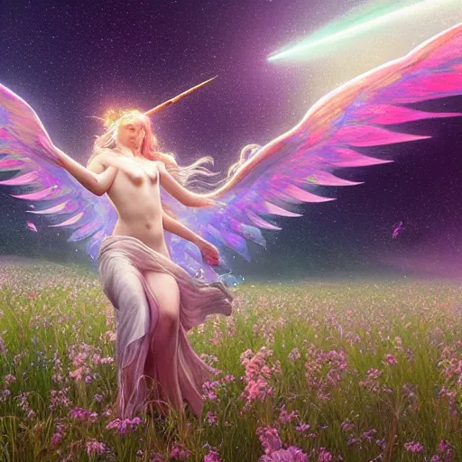 Prompt: an iridescent unicorn with translucent wings frolicking in a field of marijuana, a nebula is in the sky, art by artgerm and greg rutkowski and alphonse mucha, concept art, octane render, unreal engine 5, highly detailed, high quality, 8 k, soft lighting, path traced