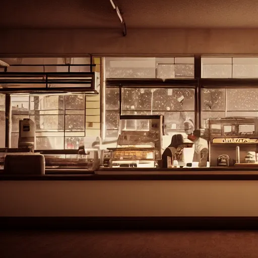 Prompt: Donuts at a cafe, muted cyberpunk style, tranquil, desolate, atmospheric, hazy, sweltering, autochrome, 8k, reflections, octane render, unreal engine 5