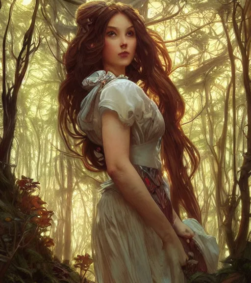 Image similar to beautiful cottagecore woman, intricate, magical forest, stunning, highly detailed, digital painting, artstation, concept art, smooth, sharp, focus, illustration, art by artgerm and greg rutkowski and alphonse mucha