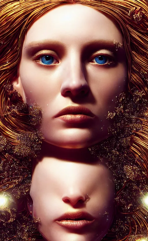 Image similar to extremely detailed cinematic movie still 3 0 7 7 portrait shot of a supermodel 2 5 years old white woman hyperreal skin face thin golden strings in art - nouveau shapes with tiny crystals all around by denis villeneuve, wayne barlowe, simon birch, marc simonetti, philippe druillet, bright volumetric sunlight from remote star, rich moody colors, closeup, bokeh