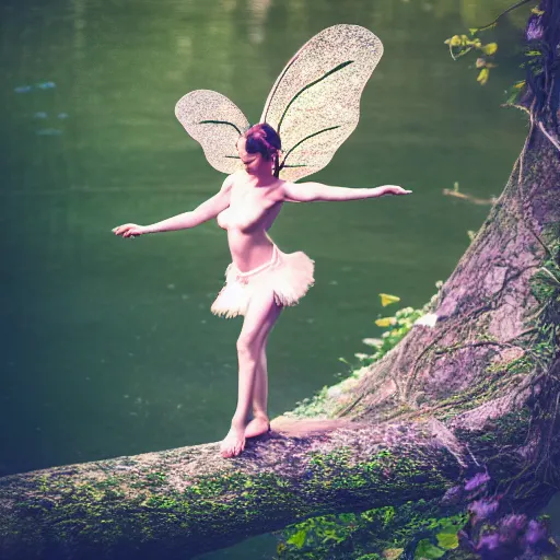 Image similar to sensual realistic fairy fliying, photo, sharp focus, river