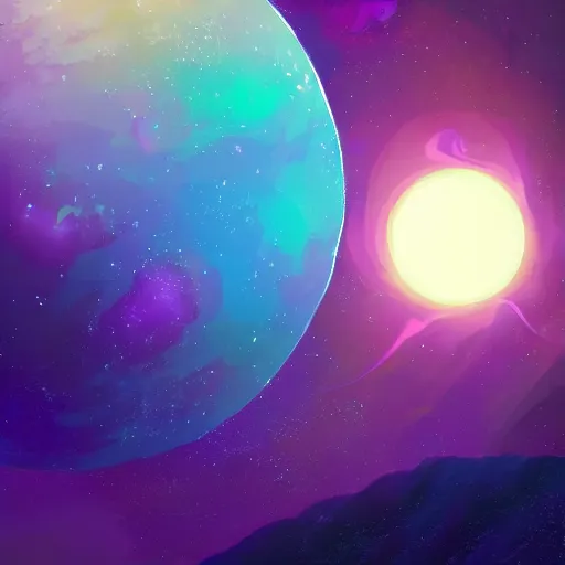 Image similar to a detailed digital painting of a marble - like planet orbiting a large purple sun in a sea of stars surrounded by colorful swirling gas clouds, by alena aenami, petros afshar and greg rutkowski trending on artstation, deviantart, planet, clouds, earth, exoplanet, stars, nubulae hubble