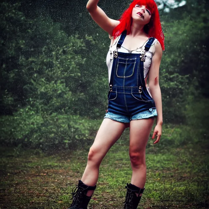 Image similar to fully body pose, photo of a very beautiful!! skull woman, overalls, short shorts, fishnets, combat boots, wet t shirt, raining, 8 k, hdr, smooth, sharp focus, high resolution, award - winning photo, trending on artstation, dslr, 5 0 mm