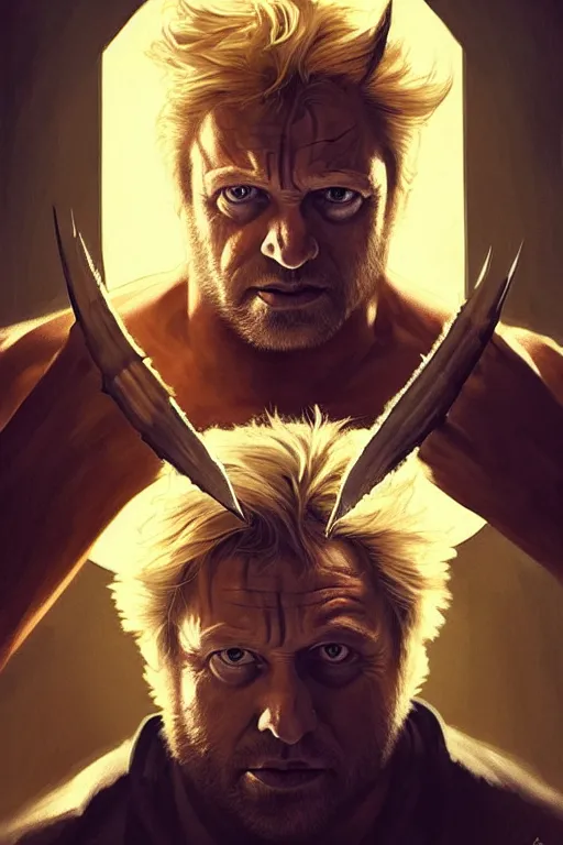 Prompt: Boris Johnson as Wolverine, portrait, skull on the chest, highly detailed, digital painting, artstation, concept art, smooth, sharp focus, illustration, cinematic lighting, art by artgerm and greg rutkowski and alphonse mucha