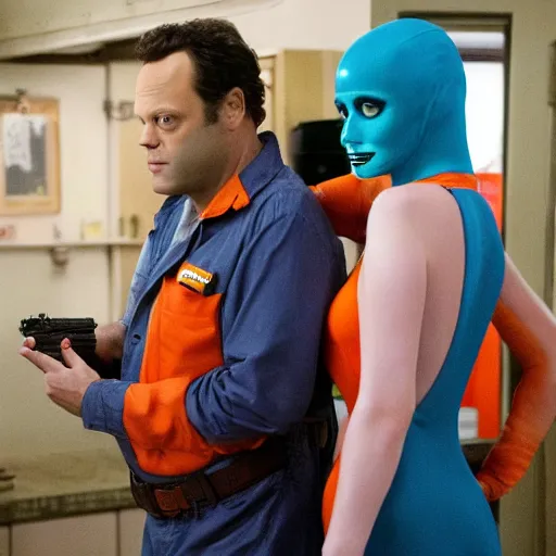 Image similar to vince vaughn as jack fenton, he is wearing an orange coveralls bodysuit with a big sci - fi gun belt, and christina hendricks as maddie fenton, she is wearing a tight teal coveralls bodysuit with a big sci - fi gun belt, movie photo, spooky netflix still shot, they are looking for ghosts