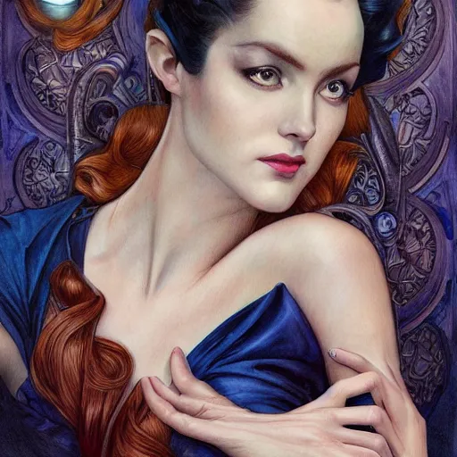 Image similar to an art nouveau, ( streamline moderne ), multi - racial portrait in the style of anna dittmann and donato giancola and gaston bussiere. very large, clear, expressive, and intelligent eyes. centered, ultrasharp focus, dramatic lighting, photorealistic digital matte painting, intricate symmetrical ultra detailed background.