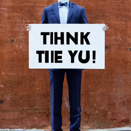 Image similar to a man wearing suite holding sign with text Thank you Stable Diffusion