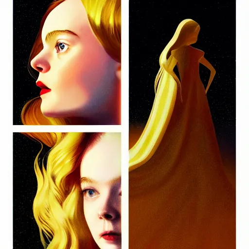 Image similar to Elle Fanning, head and shoulders masterpiece, apocalypse, golden hour, cosmic horror, artstation, in the style of Art Deco and Edward Hopper and Bosch, extremely detailed