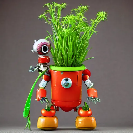 Image similar to cute robot made of plants wearing tomato hat and a chive sword, made in abyss style