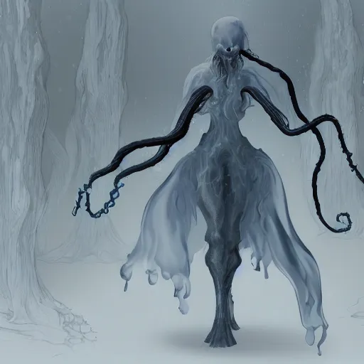 Image similar to concept designs of an ethereal ghostly wraith like figure with a squid like parasite latched onto its transparent skull and long tentacle arms that flow lazily but gracefully at its sides like a cloak while it floats around a frozen rocky tundra in the snow searching for lost souls and that hides amongst the frosted trees, this character has hydrokinesis and electrokinesis for the franchise Bloodborne in the style of arcane the series on netflix