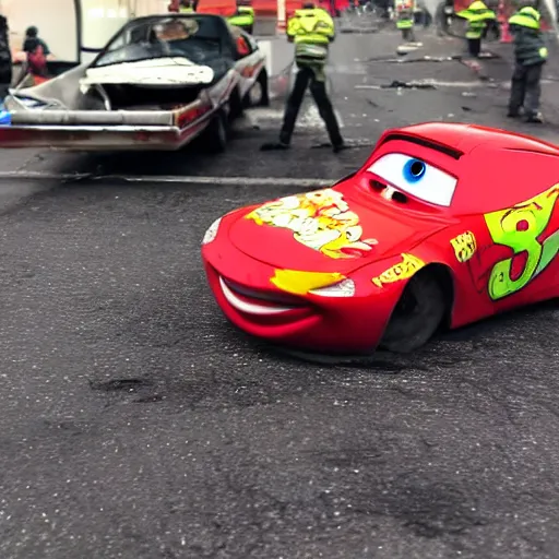 Image similar to a photo of lightning mcqueen, after a horrific traffic accident where he was t - boned by mac.