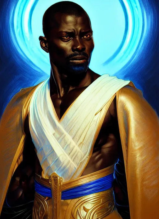 Image similar to portrait of an African man, glowing blue eyes!! muscular, black leather robes! intricate, elegant, highly detailed, digital painting, artstation, concept art, smooth, sharp focus, illustration, art by artgerm and greg rutkowski and alphonse mucha