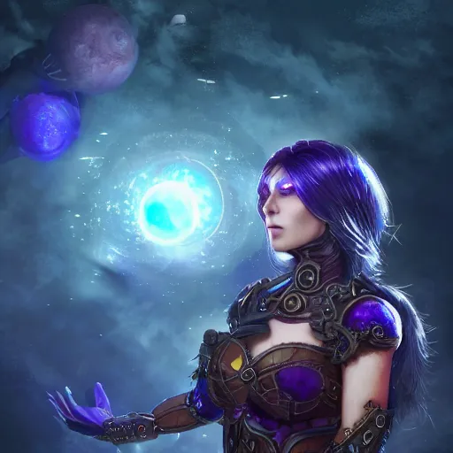 Prompt: Path of Exile, Maven, female image with silver purple hair among colourful lights, dark blue spheres fly around, Anachronism, painting, dark fantasy, steampunk, 4k,