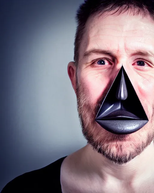 Image similar to scary photo of a man with his mouth in the form of a equilateral triangle, hyperrealism, bokeh, 8k, trending on