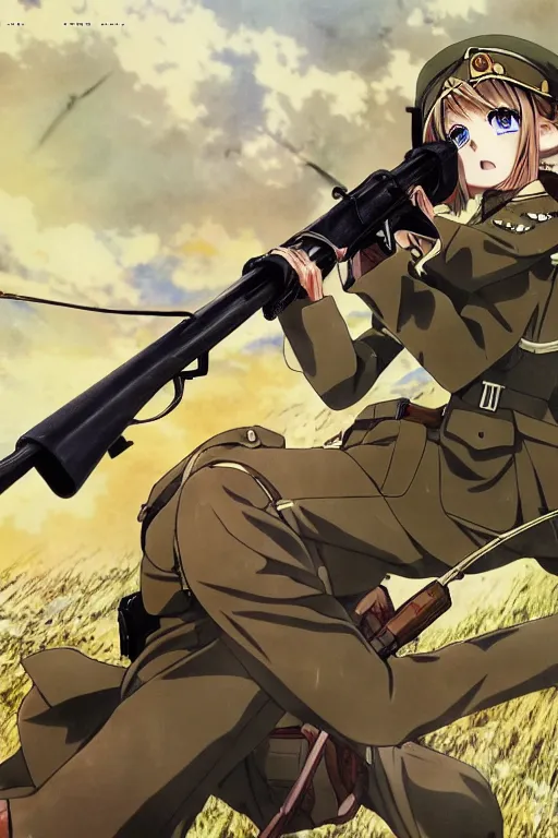 Prompt: anime key visual of tanya degurechaff aiming down a bolt action rifle, official digital media illustrated by artist so - bin, 1 9 1 8 colorized footage of the great war, trenches bombs, trending on artstation