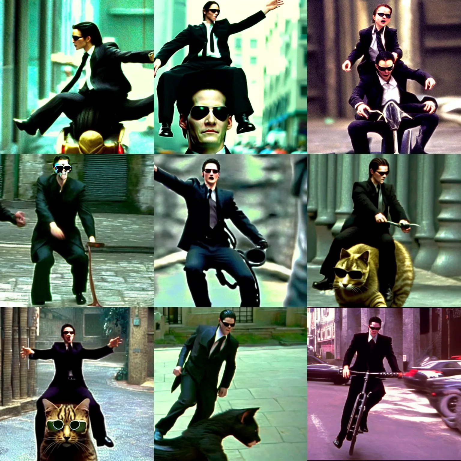 Prompt: a man in a suit and sunglasses riding a giant kitten in the movie the matrix, movie still