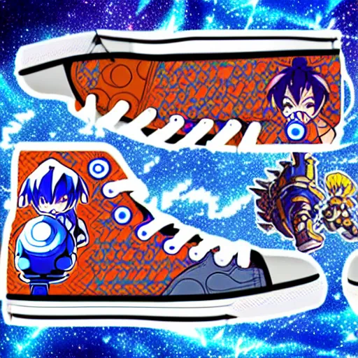 Image similar to fantasy jrpg sneaker design designed by capcom megaman, chrono trigger guilty gear sneaker styles, aztec mayan street fashion native punk sneaker design, focus on megaman hip hop sneaker design with subtle mayan patterns, trending on pixiv fanbox, painted by akira toriyama and studio ghibli princess mononoke megaman capcom