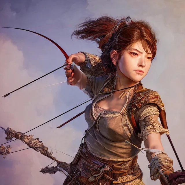 Image similar to the portrait of lawful neutral semi - colorful female archer huntress as absurdly beautiful, gorgeous, elegant, young girl, an ultrafine hyperdetailed illustration by kim jung gi, irakli nadar, intricate linework, bright colors, octopath traveler, final fantasy, unreal engine 5 highly rendered, global illumination, radiant light, detailed and intricate environment