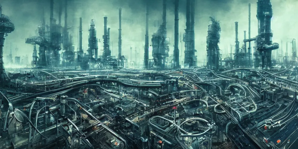 Image similar to futuristic science-fiction landscape of the world of machines, huge mechanical towers buildings and bridges, ground full of factories and pipes, under a dark cloudy sky, in the style of Blade Runner