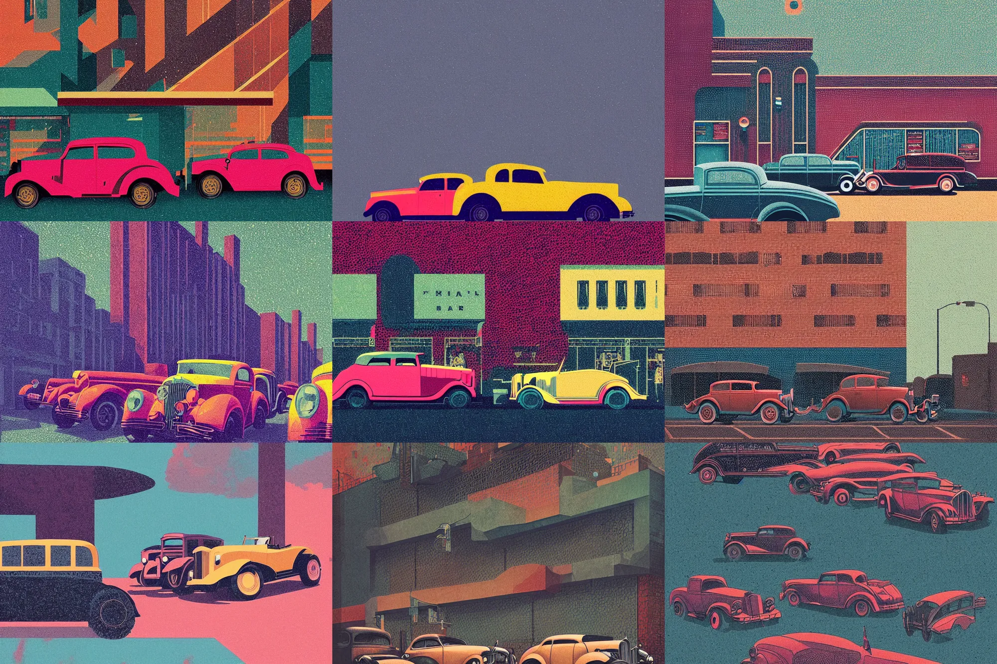 Prompt: stippled portrait of 1 9 3 0 s cars parked outside a bar, modern art deco, colorful, mads berg, christopher balaskas, victo ngai, fine texture, detailed, muted colors, dynamic composition, matte print, wide angle, moody, very grainy texture