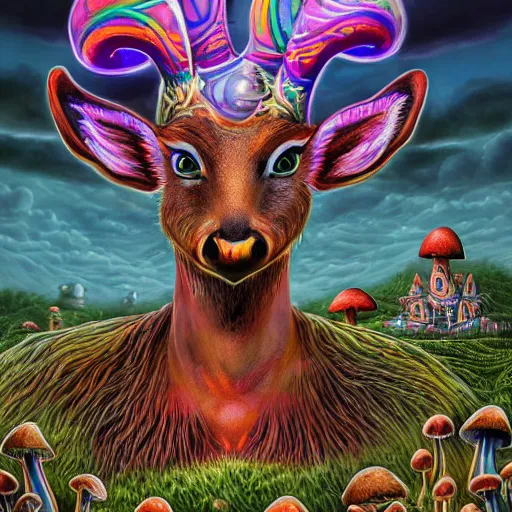 Image similar to 4 k headshot portrait of a psychedelic demonic anthropomorphic deer with mushroom themed clothes, magic mushroom village in background by jeff easley, award winning, stylized neon, post - processing, masterpiece, superb resolution. in the art style of junji ito and greg rutkowski. detailed mushroom city in background. hyper realistic anime. perfect art. dalle 2