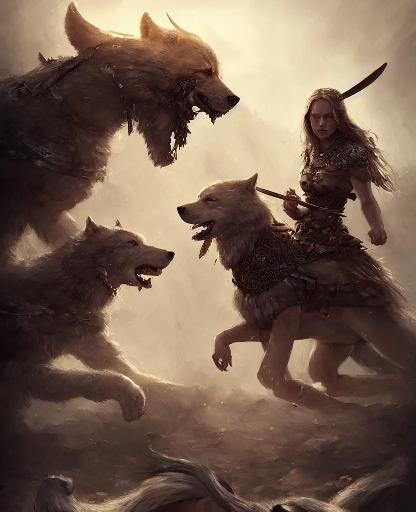 Image similar to a gorgeous!! woman resembling alicia vikander as a viking warrior accompanied by a dire wolf on the battlefield surrounded by the fallen | drawn by wlop, drawn by jeehyung lee, drawn by argerm | intricate, highly detailed, ultra graphics, digital painting, artstation