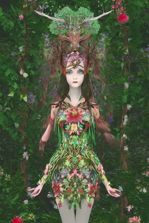 Image similar to beautiful female forest spirit wearing ornate floral cybernetic hungarian valentino resort dress in a lofi 3 d psx rpg style, esoteric magical alien meadow ritual environment, fashion gameplay screenshot portrait, highly detailed, atelier, xenogears