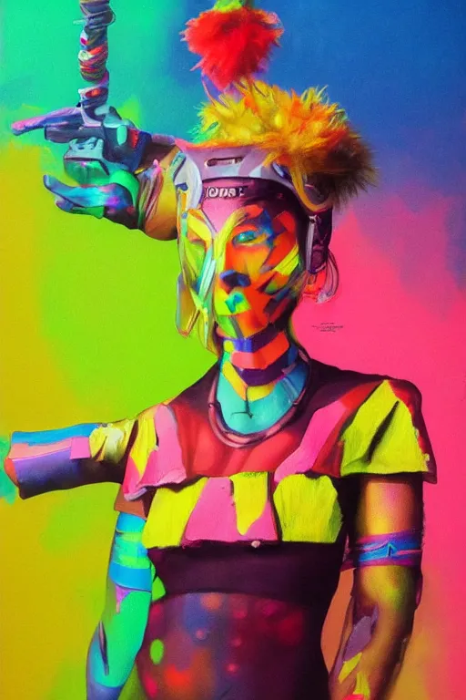 Prompt: a character wearing a diy costume with fluo colored details, muted colors, hyper real painting