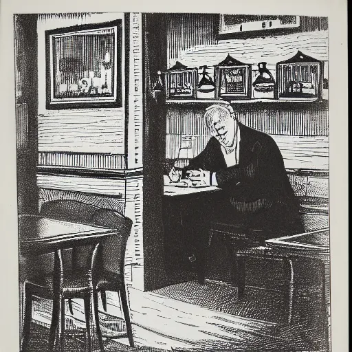 Prompt: linotype print of a tired man sitting hunched over in a restaurant. Bill is on the table and food is uneaten.