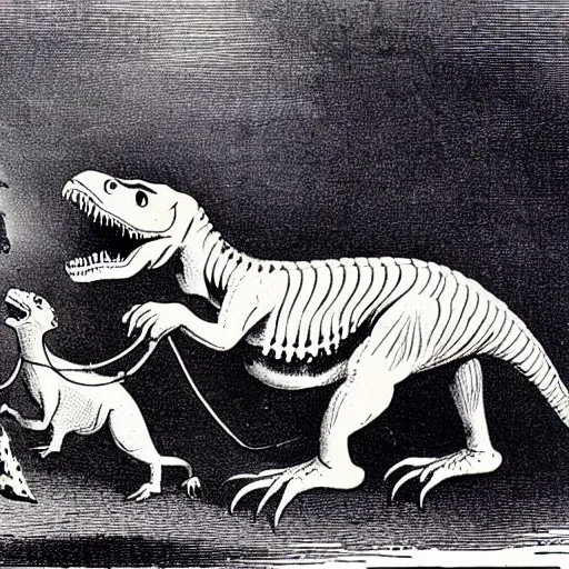 Prompt: antique lithograph from 1 8 0 0 of tyrannosaurus rex feeding his pet dog, running in a field