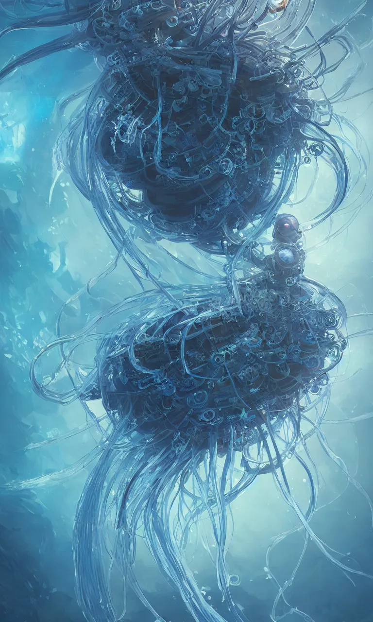 Image similar to Panorama hyper detailed painting of a cyberpunk jellyfish, blue tones, underwater, 8 mm, highly detailed, digital painting, artstation, concept art, smooth, sharp focus, illustration, art by artgerm and greg rutkowski and alphonse mucha