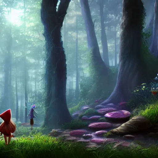 Prompt: tall mysterious woods, a fairy and a gnome go by their own business, light shining through, mushrooms on the ground, warm lighting, concept art, award winning concept art, Thomas Cole, 4k, 8k,