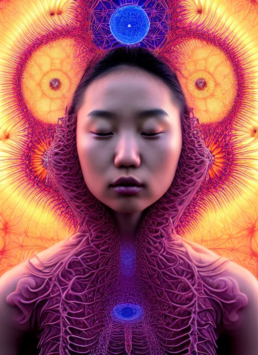 Prompt: ridiculously beautiful young asian woman tripping by irakli nadar, several layers of 3 d coral and light fractals radiating behind with sacred geometry, orgasm, cosmic, natural, awakening, symmetrical, in the style of ernst haeckel and alex grey, effervescent, warm, photo realistic, epic and cinematic