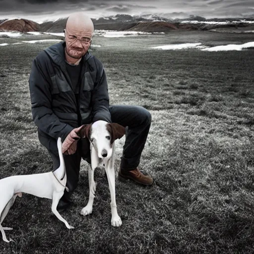 Image similar to Walter White and his trusty hound 4k photography award-winning footage, dramatic