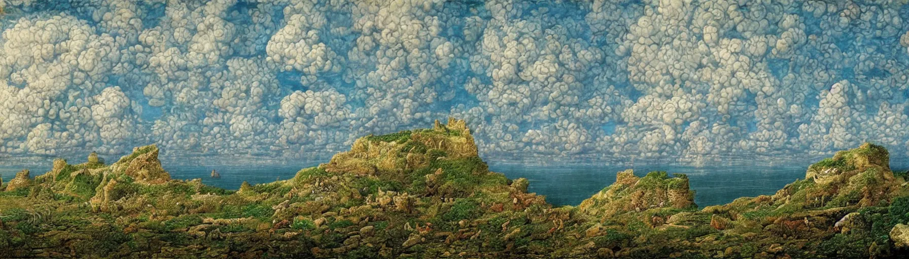 Prompt: massive fluffy clouds approaching over background cliffs of dover, very detailed, in the style of a ernst haeckel and john atkinson grimshaw masterpiece mural