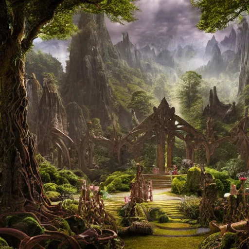 Image similar to a beautiful and highly detailed matte painting of an elven temple in a magical fantasy garden in a lush forest in the mystical mountains, wooden celtic knots, carved stone runes, intricate details, epic scale, insanely complex, 8 k, sharp focus, hyperrealism, very realistic, by caspar friedrich, albert bierstadt, james gurney, brian froud,