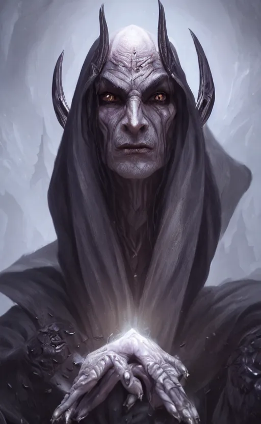 Image similar to legendary creepy dark elf wizard, highly detailed, d & d, fantasy, highly detailed, digital painting, trending on artstation, concept art, sharp focus, illustration, global illumination, ray tracing, realistic shaded, art by artgerm and greg rutkowski and fuji choko and viktoria gavrilenko and hoang lap