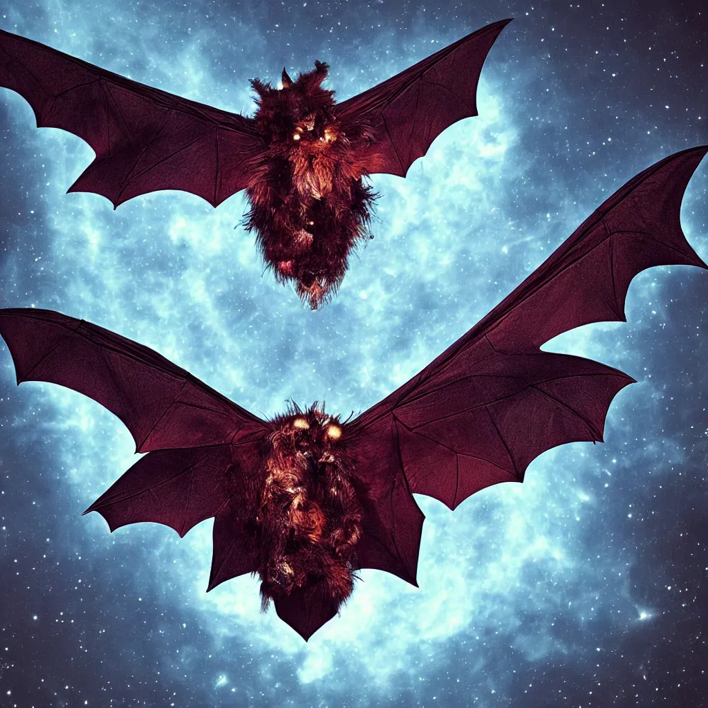 Prompt: huge demonic moth bat hyrbrid, flying into the midnight sun, in the shade of the cosmic nebula sun in the backdrop, photo pic by wispy in horrors