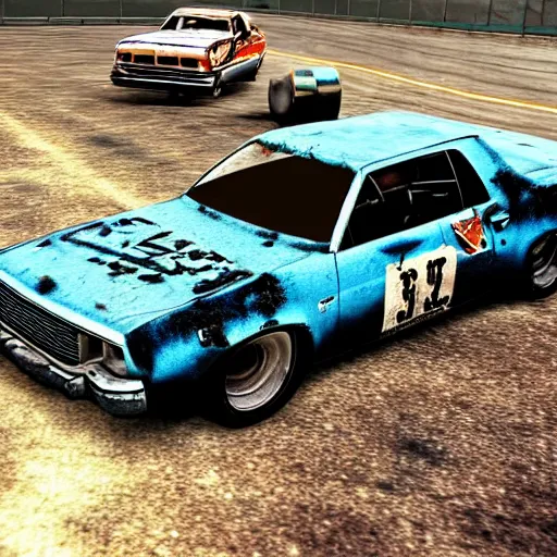 Prompt: A screenshot of a rusty, worn out, broken down, decrepit, run down, dingy, faded chipped paint, tattered, beater 1976 Denim Blue Dodge Aspen in FlatOut 2 on a race track